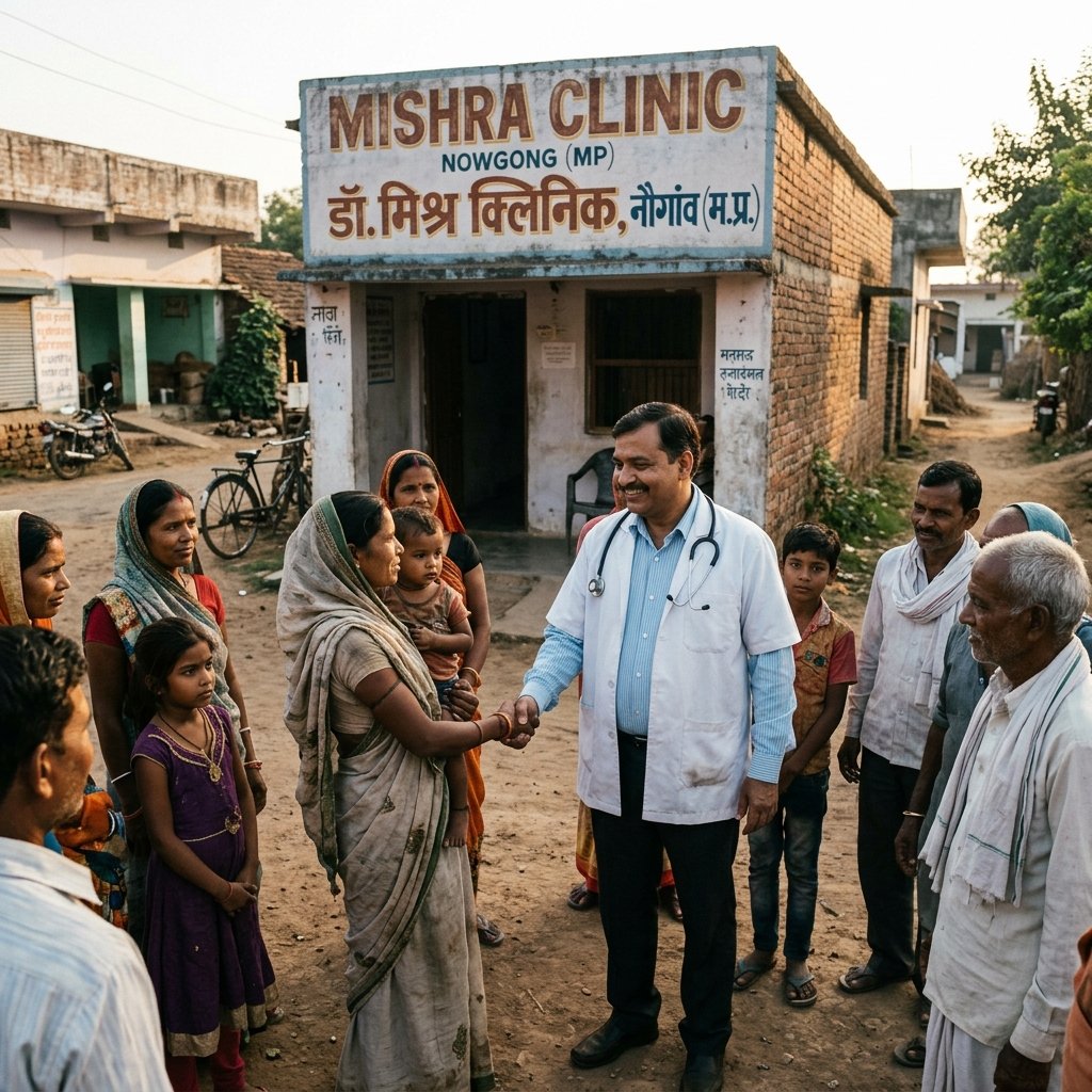 Dr. Mishra outside Mishra Clinic greeting rural families